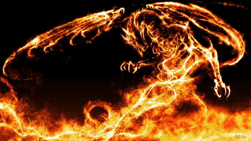 dragon fangs fire glow glowing highres hot no_humans open_mouth solo wings