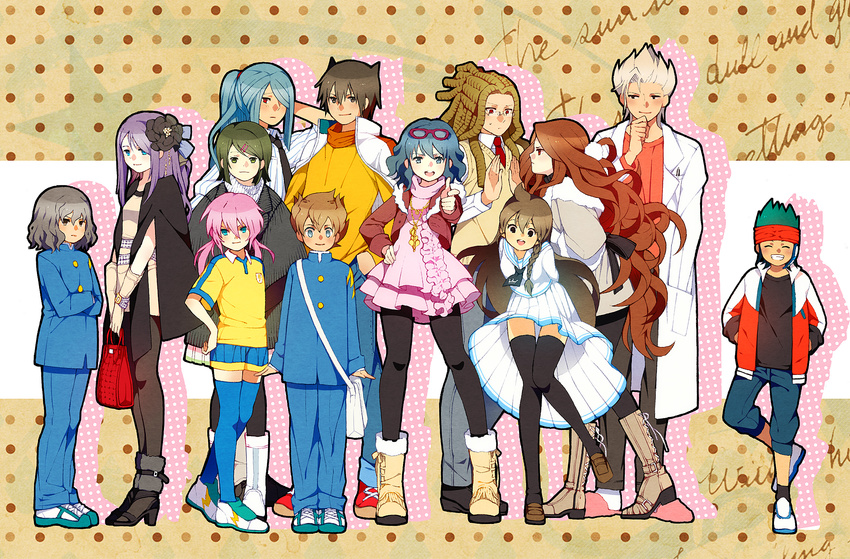 6+boys blue_hair brown_hair endou_kanon endou_mamoru gouenji_shuuya gouenji_yuuka green_hair hairlocs hakusai_(tiahszld) headband highres inazuma_eleven inazuma_eleven_(series) inazuma_eleven_go kazemaru_ichirouta kidou_yuuto kino_aki kirino_ranmaru kudou_fuyuka long_hair matsukaze_tenma multiple_boys multiple_girls older otonashi_haruna pantyhose pink_hair purple_hair raimon_natsumi red_eyes school_uniform shindou_takuto short_hair thighhighs twintails white_hair