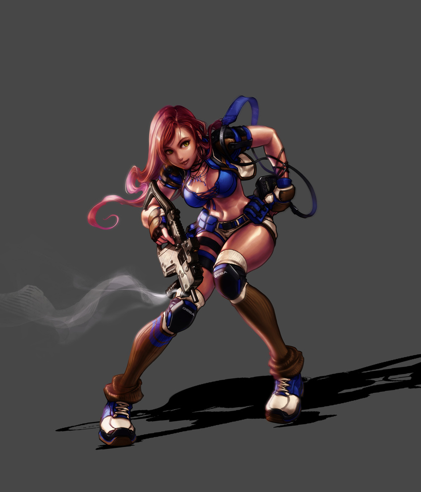 absurdres artist_request fingerless_gloves gloves green_eyes gun highres long_hair red_hair shoes short_shorts shorts sneakers solo weapon zombie_online