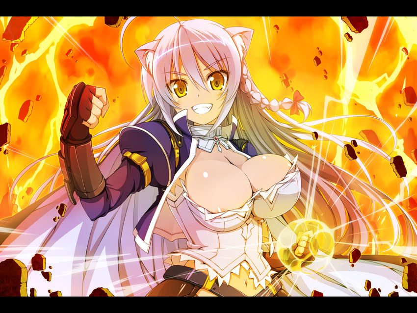 ahoge animal_ears areola_slip areolae armor belt bouncing_breasts bow braid breasts burning_hand cat_ears clenched_hands dog_days explosion fang fingerless_gloves gloves grin hair_bow highres large_breasts leonmitchelli_galette_des_rois letterboxed long_hair navel rokunashi_hitonashi smile solo wallpaper white_hair yellow_eyes