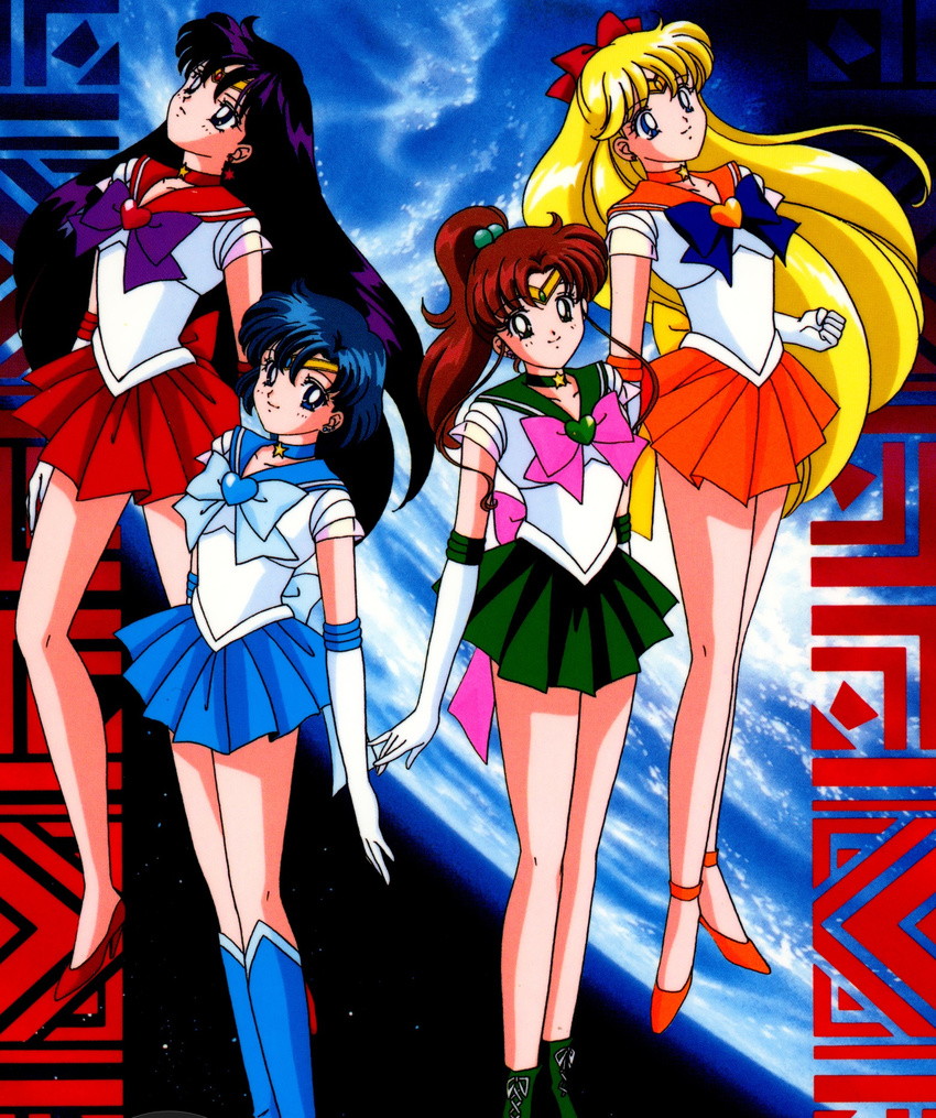 aino_minako bare_legs bishoujo_senshi_sailor_moon boots choker earrings elbow_gloves female gloves hair_bobbles hair_ornament hair_ribbon heart high_heel_boots high_heels highres hino_rei jewelry kino_makoto legs long_hair long_legs looking_at_viewer magical_girl mizuno_ami multiple_girls necklace official_art ponytail ribbon sailor_jupiter sailor_mars sailor_mercury sailor_venus serious short_hair skirt smile super_sailor_jupiter super_sailor_mars super_sailor_mercury super_sailor_venus tiara white_gloves