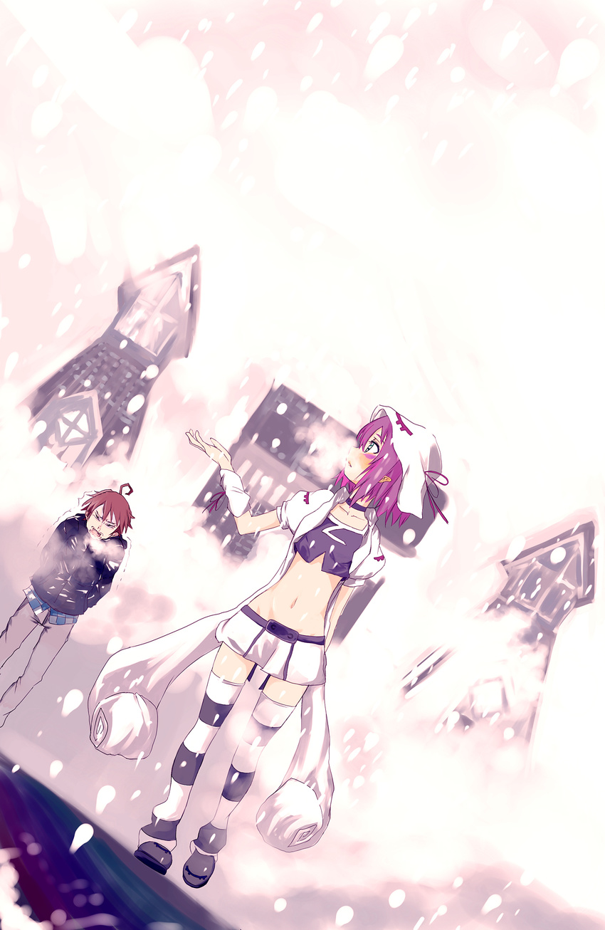 1girl ahoge bad_id bad_pixiv_id brown_hair choker cold detached_sleeves dutch_angle face flat_chest fujiwara_yumeji hat highres jacket merry_nightmare midriff miso_(appanjo) navel pointy_ears purple_hair ribbon short_hair skirt snow snowing striped striped_legwear thighhighs trembling yumekui_merry zettai_ryouiki