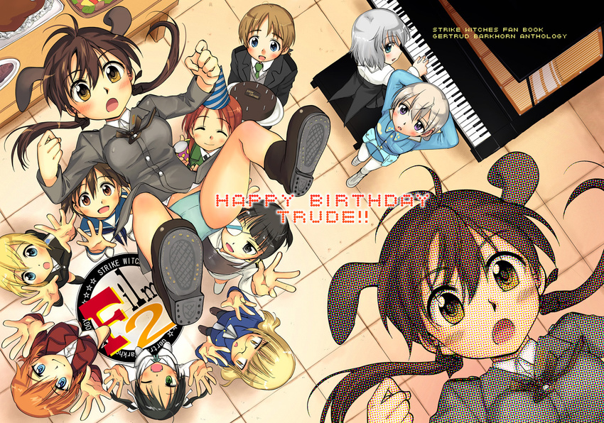 6+girls animal_ears black_legwear blush cake charlotte_e_yeager cover dog_ears eila_ilmatar_juutilainen erica_hartmann everyone eyepatch fang food francesca_lucchini gertrud_barkhorn hat instrument looking_up lynette_bishop military military_uniform minna-dietlinde_wilcke miyafuji_yoshika multiple_girls niina_ryou one_eye_closed open_mouth panties pantyhose pantyshot party_hat perrine_h_clostermann piano sakamoto_mio sanya_v_litvyak smile strike_witches tail tossing underwear uniform white_legwear world_witches_series