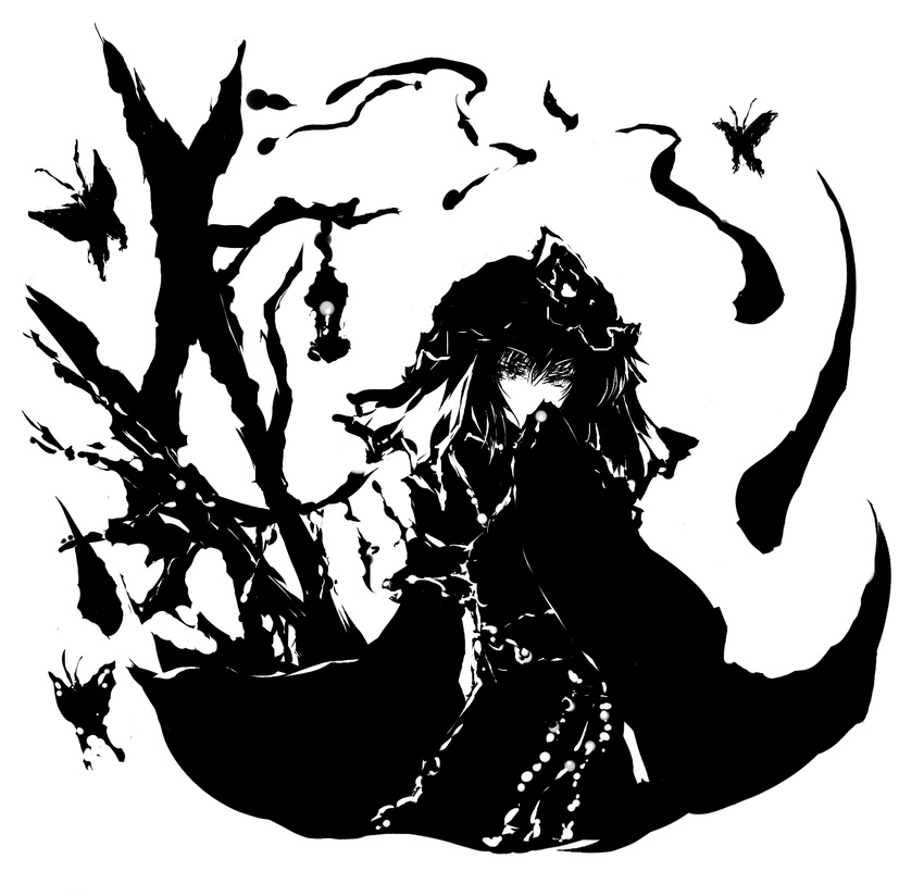 acryl bad_id bad_pixiv_id bug butterfly ghost greyscale hat highres insect japanese_clothes monochrome saigyouji_yuyuko short_hair solo touhou triangular_headpiece