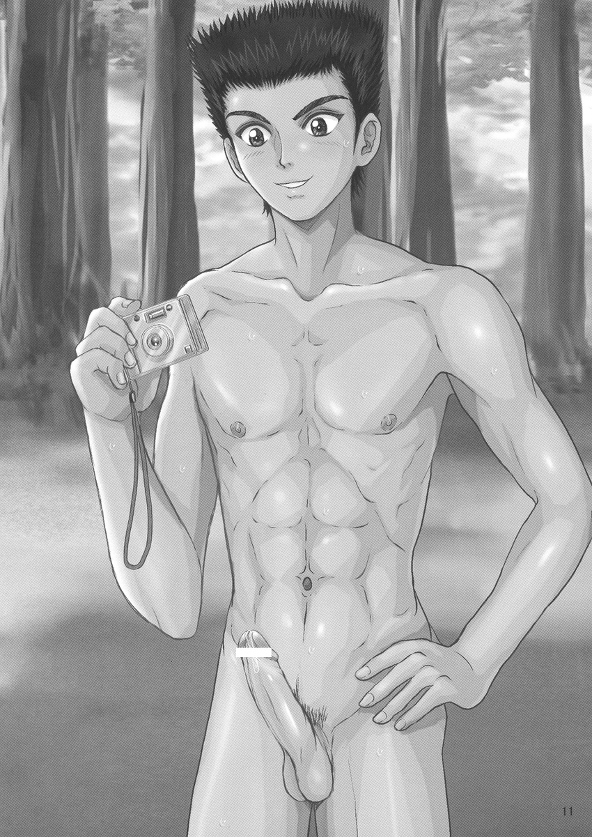 1boy abs bar_censor camera censored chest erection forest happy highres male male_focus momoshiro_takeshi muscle nature nude outdoors pecs penis prince_of_tennis solo source_request takenokoya tennis_no_ouji-sama tennis_no_oujisama tree