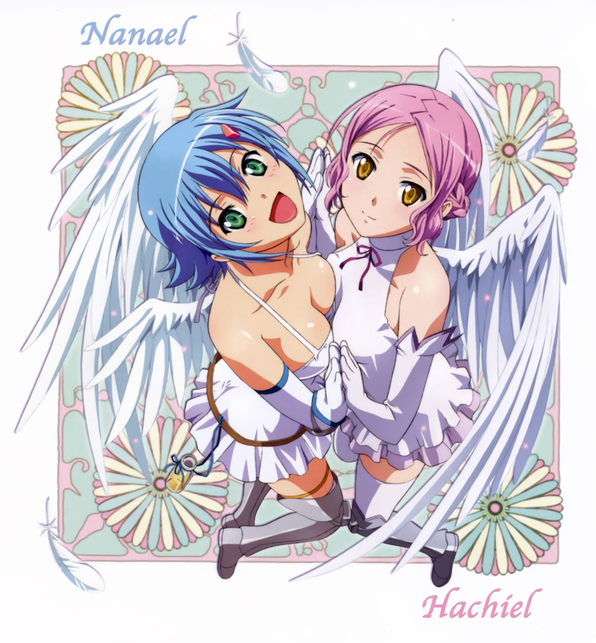 :d absurdres angel angel_wings asymmetrical_docking asymmetrical_wings blue_hair blush boots bottle breast_press breasts brown_eyes character_name cleavage elbow_gloves feathers gloves green_eyes hachiel hands_together highres looking_at_viewer looking_up medium_breasts multiple_girls nanael open_mouth pink_hair queen's_blade rin-sin scan short_hair skirt smile thighhighs wings