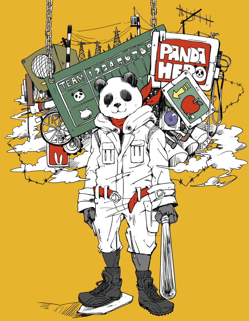 baseball_bat highres no_humans overalls panda panda_hero_(vocaloid) saitamax scarf shoes solo standing vocaloid