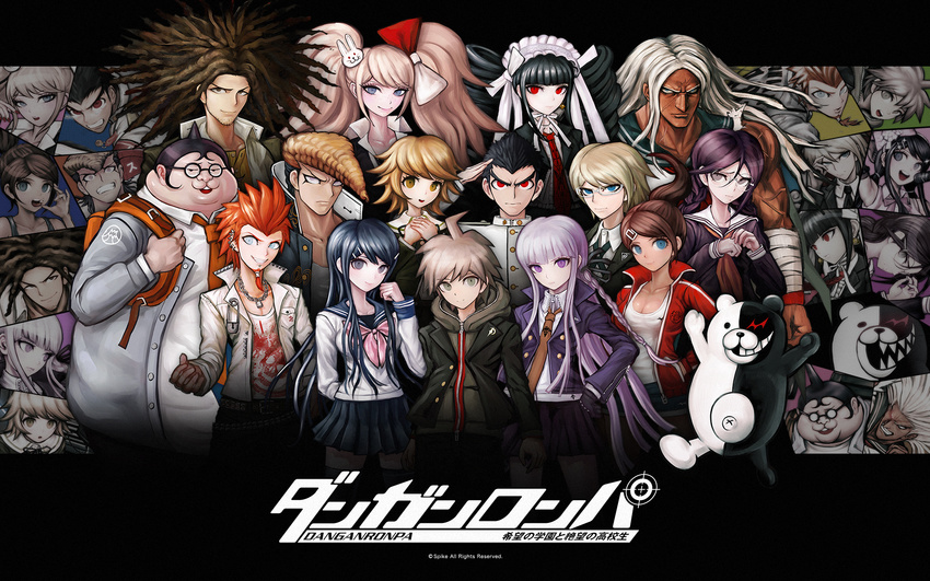 6+girls asahina_aoi black_hair blonde_hair blue_eyes bonnet bow braid brown_hair celestia_ludenberck danganronpa danganronpa_1 drill_hair ear_piercing enoshima_junko facial_hair fujisaki_chihiro fukawa_touko glasses gloves goatee grey_hair hagakure_yasuhiro hair_bow hair_ornament hairclip hairlocs highres hood hoodie ikusaba_mukuro ishimaru_kiyotaka kirigiri_kyouko komatsuzaki_rui kuwata_reon long_hair maizono_sayaka monokuma multiple_boys multiple_girls muscle muscular_female naegi_makoto necktie official_art oogami_sakura oowada_mondo otoko_no_ko piercing pompadour purple_eyes purple_hair red_eyes red_hair salute scar school_uniform serafuku short_hair single_braid togami_byakuya twin_braids twin_drills twintails wallpaper yamada_hifumi