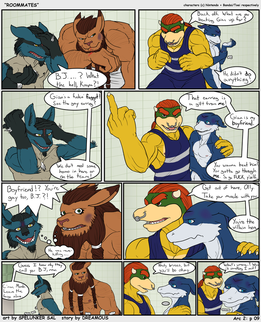 black_hair blood blue_eyes bowser_jr bowser_koopa_junior_(roommates) brown_hair bullying comic dialog dialogue digimon english_text flamedramon gay giancarlo_rosato green_eyes hair homophobia koopa leomon locker_room lucario male mario_bros middle_finger mondo_cruz muscles nintendo olivier_oswald orange_eyes piercig piercing pok&#233;mon pok&eacute;mon red_eyes roommates roommates_(comic) scalie spelunker_sal text video_games