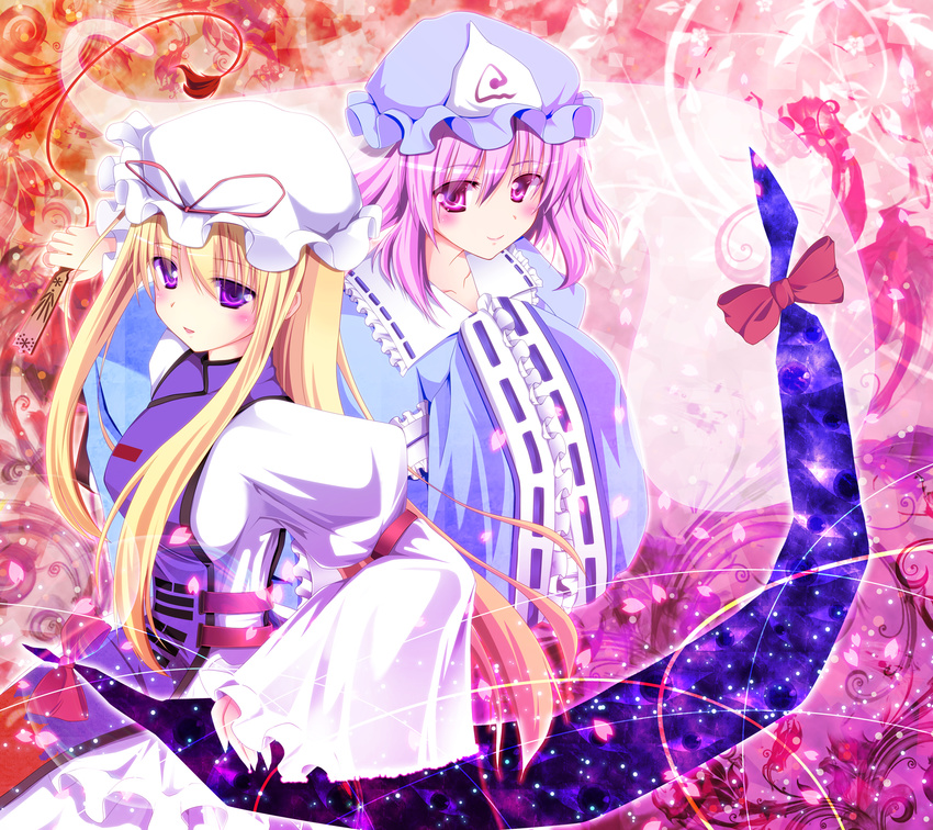 blonde_hair dress fan folding_fan fule gap ghost hat highres hitodama japanese_clothes long_hair multiple_girls pink_eyes pink_hair purple_eyes saigyouji_yuyuko touhou yakumo_yukari