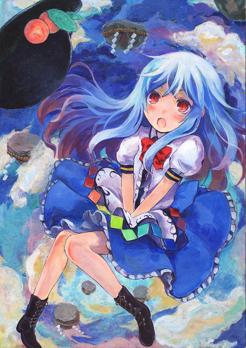 :o acrylic_paint_(medium) blue_hair boots cross-laced_footwear food fruit hat hat_removed headwear_removed highres hinanawi_tenshi isegawa_yasutaka keystone lace-up_boots long_hair looking_up open_mouth peach red_eyes rope shide shimenawa skirt skirt_tug solo stone touhou traditional_media v_arms