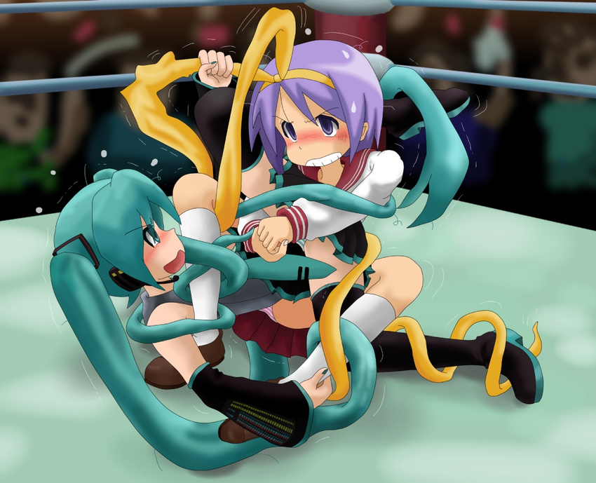 aqua_eyes aqua_hair detached_sleeves hatsune_miku hiiragi_tsukasa hirondo long_hair lucky_star multiple_girls necktie purple_eyes purple_hair ryouou_school_uniform school_uniform serafuku short_hair tentacle_hair thighhighs vocaloid