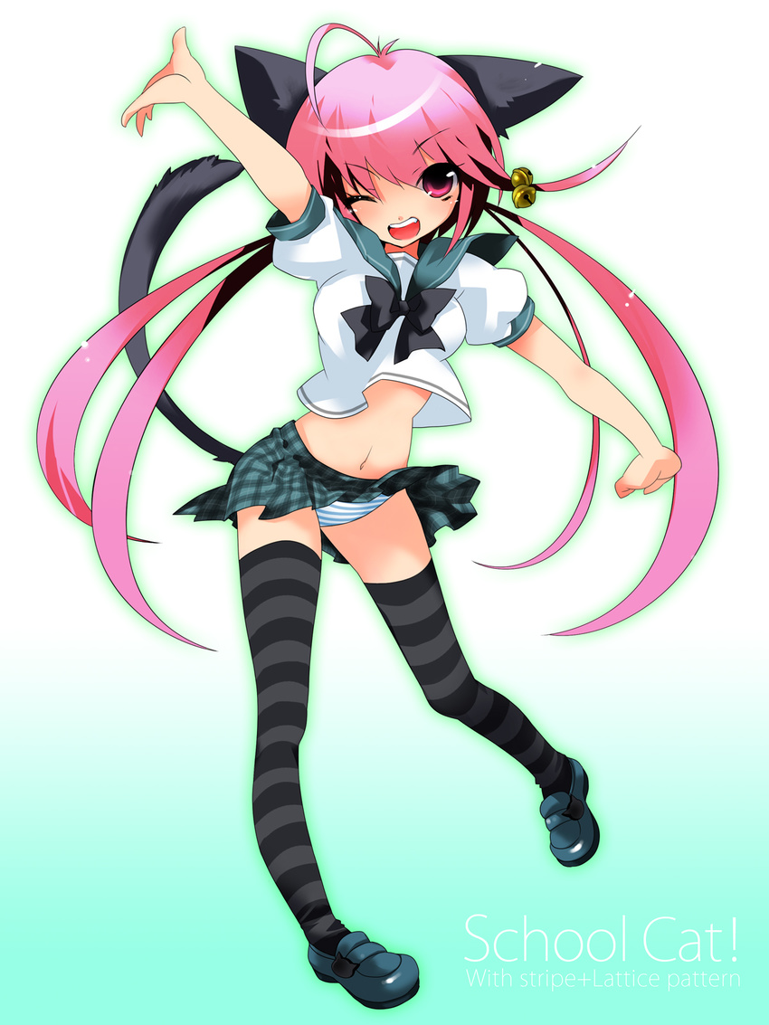 ahoge animal_ears bad_id bad_pixiv_id bell bow cat_ears cat_tail ech highres midriff navel one_eye_closed original outstretched_arms panties pantyshot pink_eyes pink_hair plaid plaid_skirt school_uniform skirt solo striped striped_legwear striped_panties tail thighhighs underwear wind wind_lift