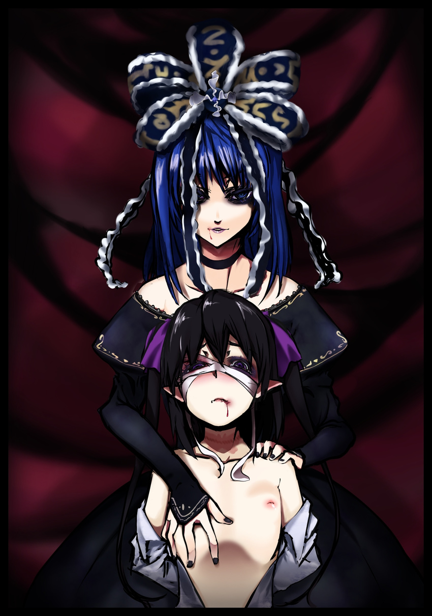 alternate_color bandages blood blue_eyes blue_hair bow collarbone face flat_chest hair_bow hair_ribbon haruichi hata-tan highres himekaidou_hatate kagiyama_hina kuma-hina multiple_girls nipples off_shoulder open_clothes open_shirt pointy_ears ribbon shirt short_hair topless touhou twintails upper_body