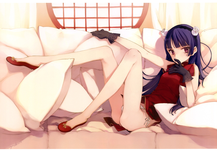 black_gloves breasts china_dress chinese_clothes couch cushion doujinshi dress finger_to_mouth flower gloves gokou_ruri hairband highres hime_cut legs long_hair long_legs lying mole mole_under_eye no_socks on_back ooyari_ashito ore_no_imouto_ga_konna_ni_kawaii_wake_ga_nai panties pantyshot purple_hair red_eyes red_footwear rose round_window shoes side-tie_panties small_breasts solo thighs underwear white_flower white_rose window