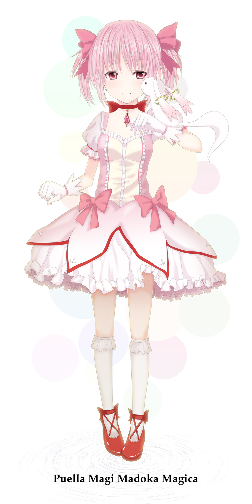 absurdres bow bubble_skirt copyright_name dress gloves hair_bow highres kaname_madoka kyubey magical_girl mahou_shoujo_madoka_magica pink_eyes pink_hair ripples shichouson shoes short_hair short_twintails skirt smile twintails white_background