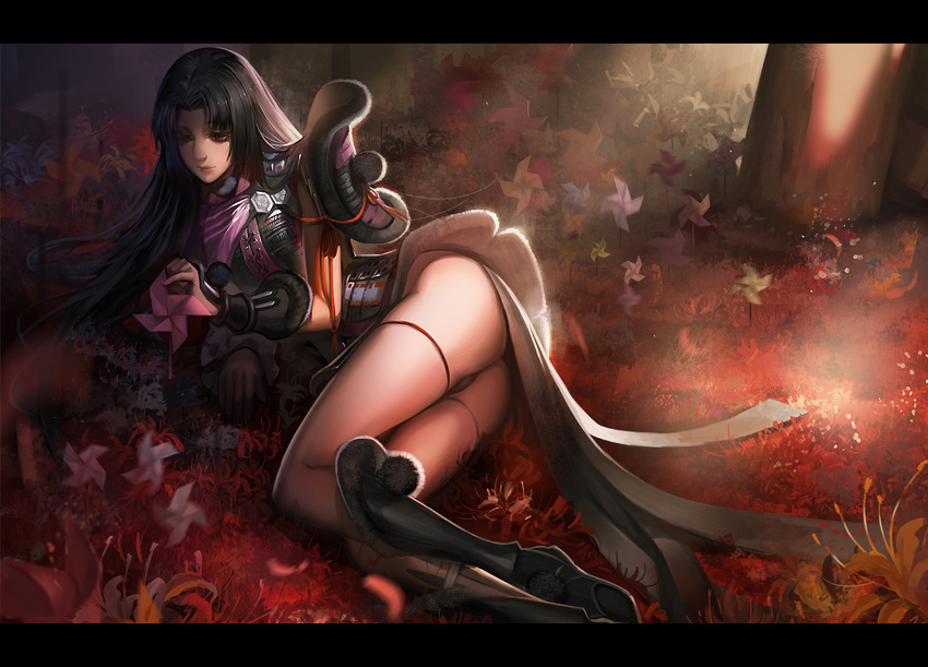 alphonse_(white_datura) black_hair flower legs letterboxed long_hair long_legs lying oichi_(sengoku_basara) on_side pinwheel sengoku_basara solo spider_lily thighs