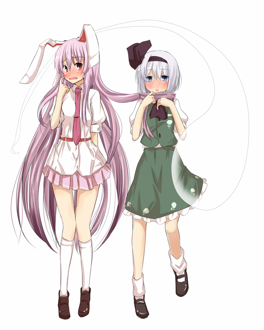 animal_ears blue_eyes blush bunny_ears embarrassed ghost hair_scarf hairband hand_in_hair highres hitodama katanakko_daisuki kneehighs konpaku_youmu konpaku_youmu_(ghost) loafers long_hair mary_janes multiple_girls necktie pleated_skirt purple_hair reisen_udongein_inaba scarf shirt shoes short_hair silver_hair skirt socks standing touhou very_long_hair vest white_legwear white_shirt yuri