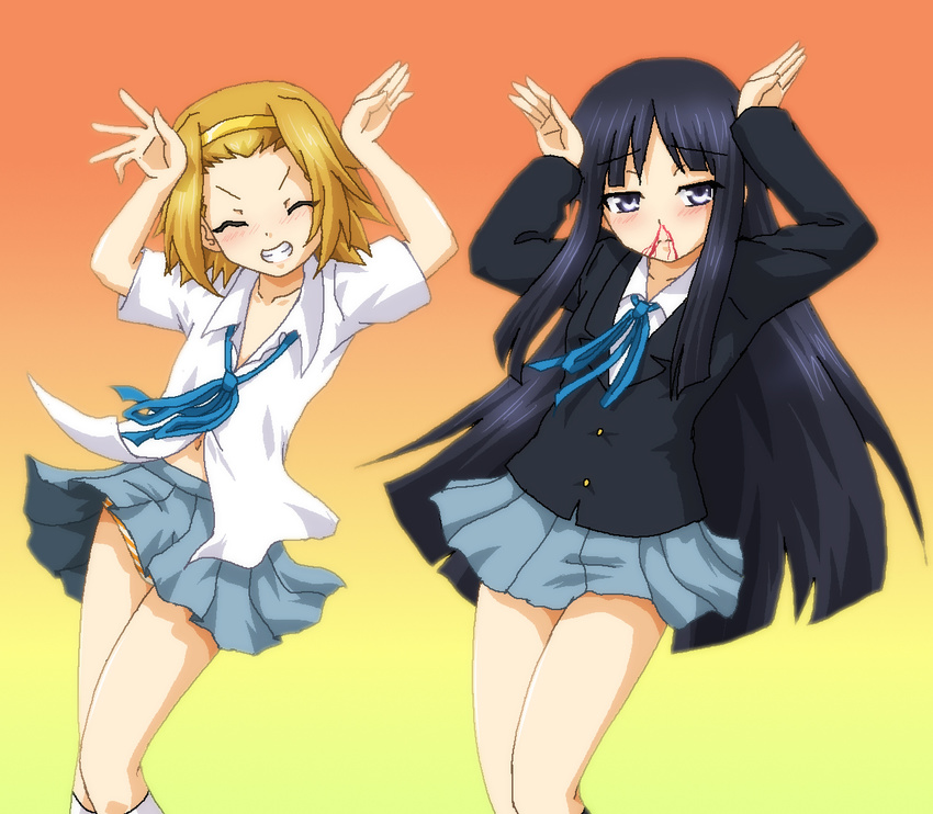 akiyama_mio black_eyes black_hair blood brown_hair caramelldansen closed_eyes dancing hayashiya_zankurou k-on! long_hair multiple_girls navel nosebleed panties school_uniform short_hair striped striped_panties tainaka_ritsu underwear