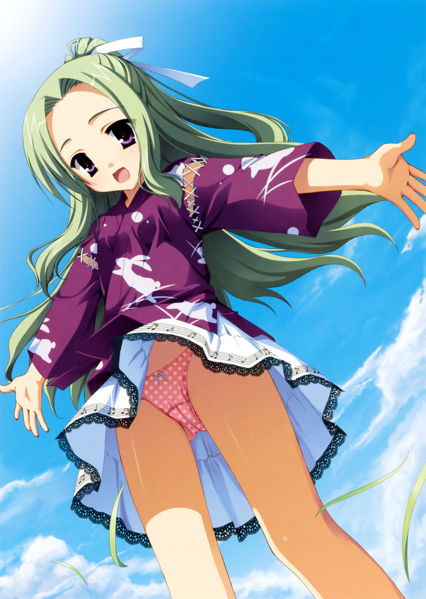 :d absurdres beamed_eighth_notes beamed_sixteenth_notes bow bow_panties eighth_note green_hair highres japanese_clothes kobuichi lace lace-trimmed_skirt looking_at_viewer musical_note musical_note_print natsuzora_kanata open_mouth outstretched_arms panties pink_panties polka_dot polka_dot_panties quarter_note shichijou_sasara skirt smile solo spread_arms staff_(music) underwear upskirt