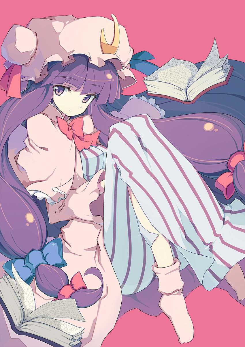 absurdres book crescent hat highres long_hair patchouli_knowledge pera purple_eyes purple_hair solo touhou