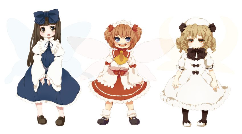 absurdres ascot blonde_hair blue_eyes blush bow brown_hair child dress drill_hair hair_bow hat highres kyachi loafers luna_child mary_janes multiple_girls orange_eyes orange_hair shoes star_sapphire sunny_milk touhou wings