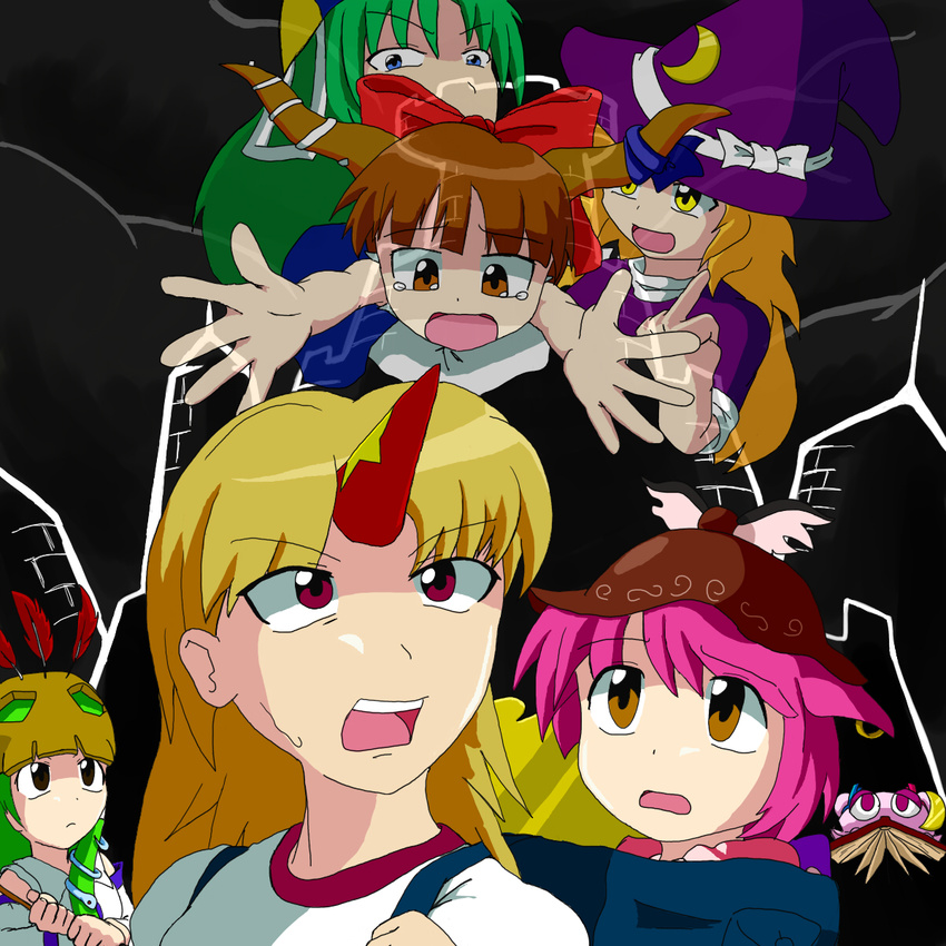 backpack bag banjo-kazooie blonde_hair blue_eyes book borapy brown_eyes crossover feathers green_hair hat highres horn horns hoshiguma_yuugi ibuki_suika kirisame_marisa kirisame_marisa_(pc-98) kochiya_sanae mask middle_finger mima multiple_girls mystia_lorelei parody patchouli_knowledge pink_hair red_eyes ribbon tears touhou touhou_(pc-98) yellow_eyes