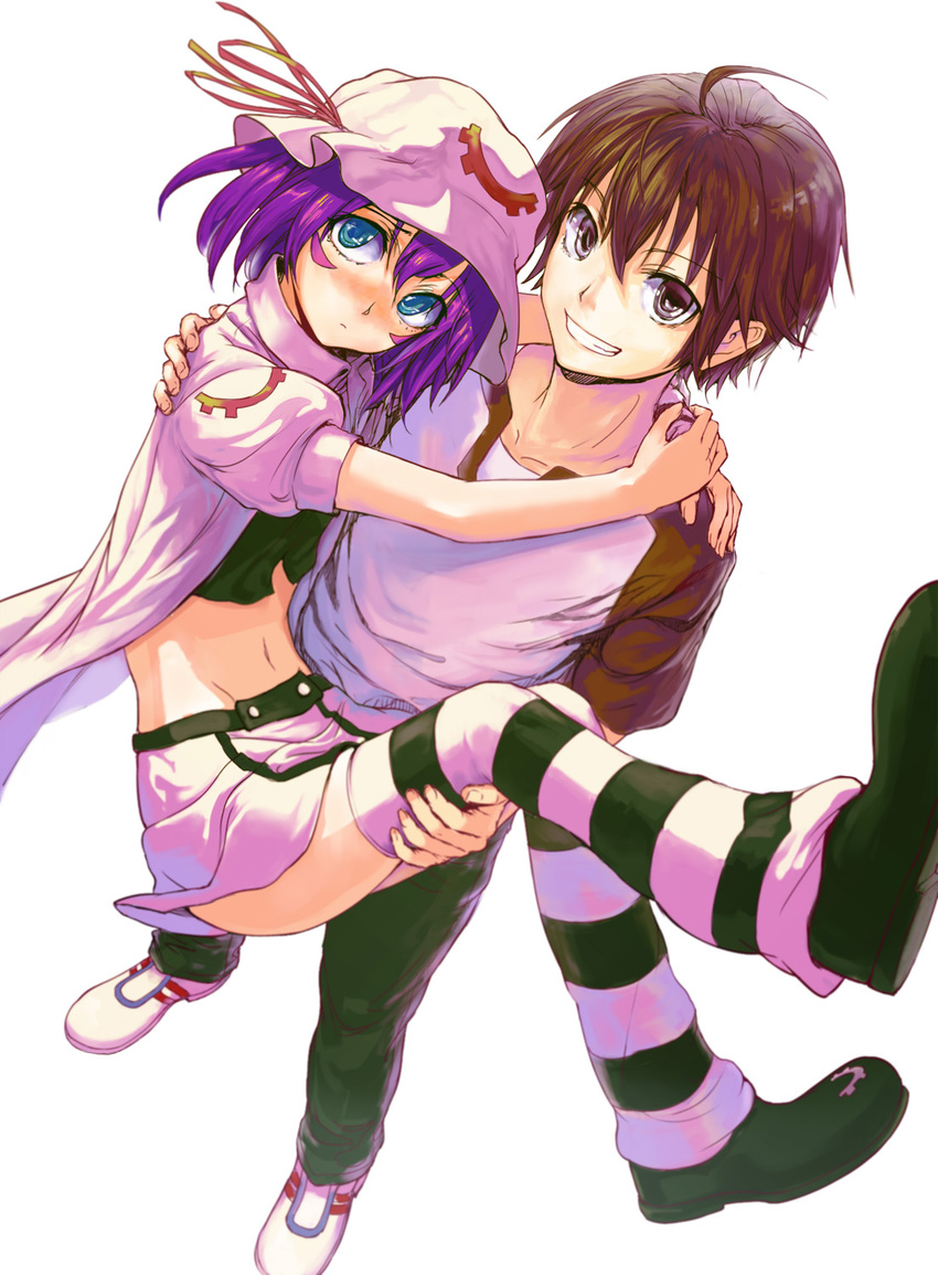 1girl arm_around_neck blue_eyes blush brown_eyes brown_hair carrying chourui_keiko face fujiwara_yumeji grin hand_on_back hands hat highres merry_nightmare midriff navel princess_carry purple_hair skirt smile striped striped_legwear thighhighs yumekui_merry zettai_ryouiki