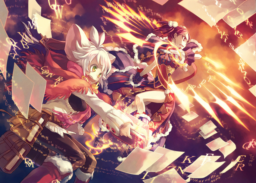 animal_ears bag black_legwear book boots cape casting_spell dress fantasy green_eyes highres magic magic_circle minami_seira multiple_girls pages pantyhose pixiv_fantasia pixiv_fantasia_5 satchel scarf short_hair sweater tears twintails white_hair white_legwear