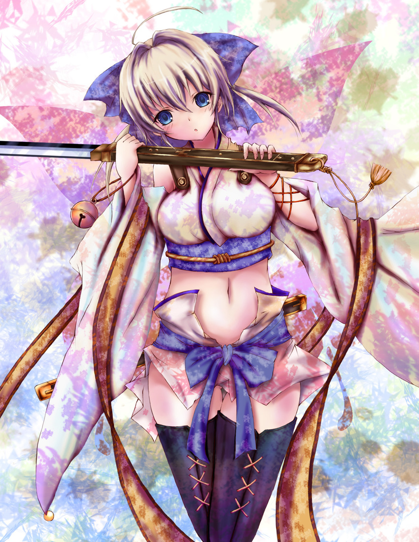 akina_t bad_id bad_pixiv_id bare_shoulders black_legwear blonde_hair blue_eyes breasts character_request head_tilt highres japanese_clothes large_breasts midriff navel sengoku_taisen short_hair solo sword thighhighs weapon