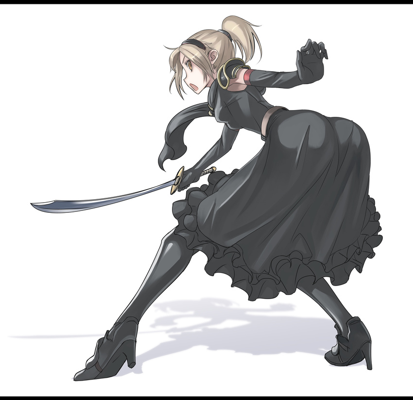 armor ass black_legwear blonde_hair brown_eyes dress elbow_gloves gloves hairband high_heels highres original pantyhose ponytail shoes solo sword tea_(nakenashi) weapon