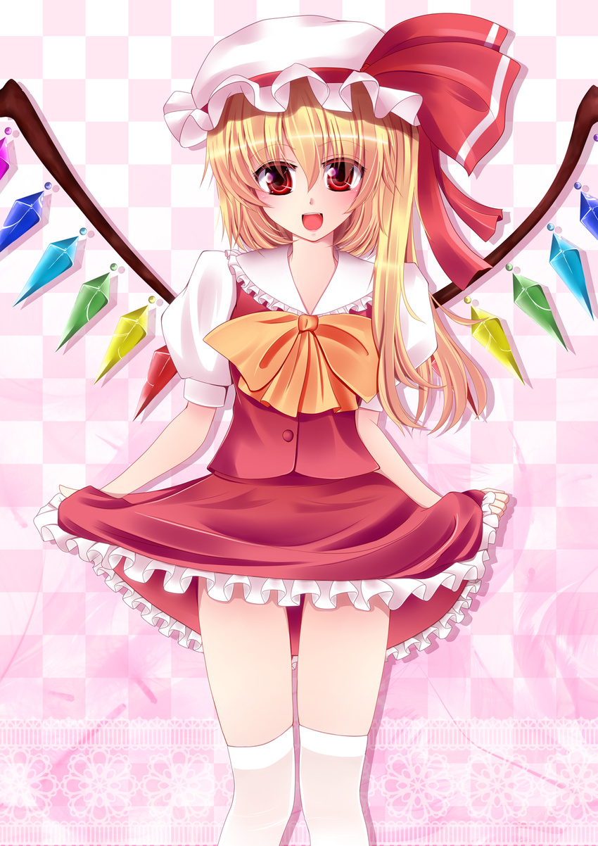 ascot blonde_hair checkered checkered_background curtsey dress flandre_scarlet fule hat hat_ribbon highres red_eyes ribbon side_ponytail smile solo thighhighs touhou white_legwear wings