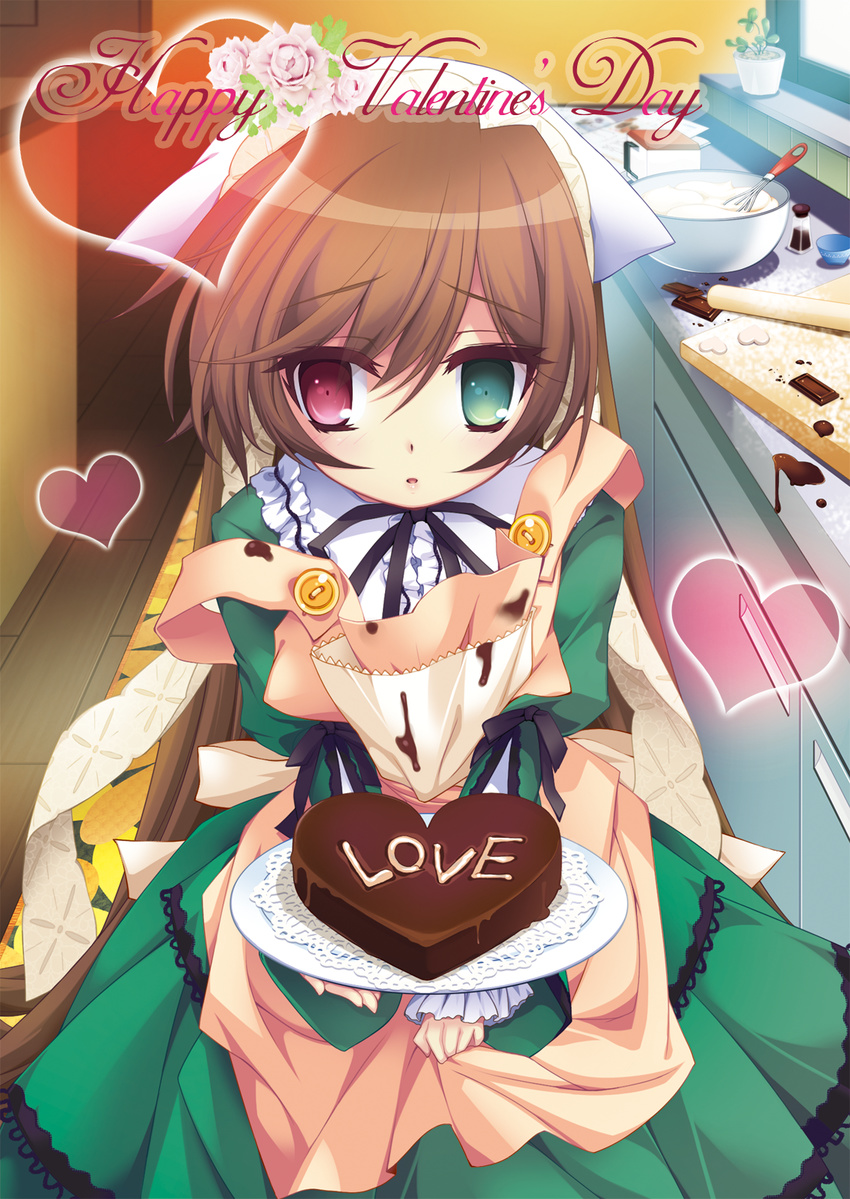 apron brown_hair chocolate dress frills gift green_eyes hairband happy_valentine heart heterochromia highres holding holding_gift incoming_gift long_hair red_eyes room603 rozen_maiden solo suiseiseki valentine very_long_hair