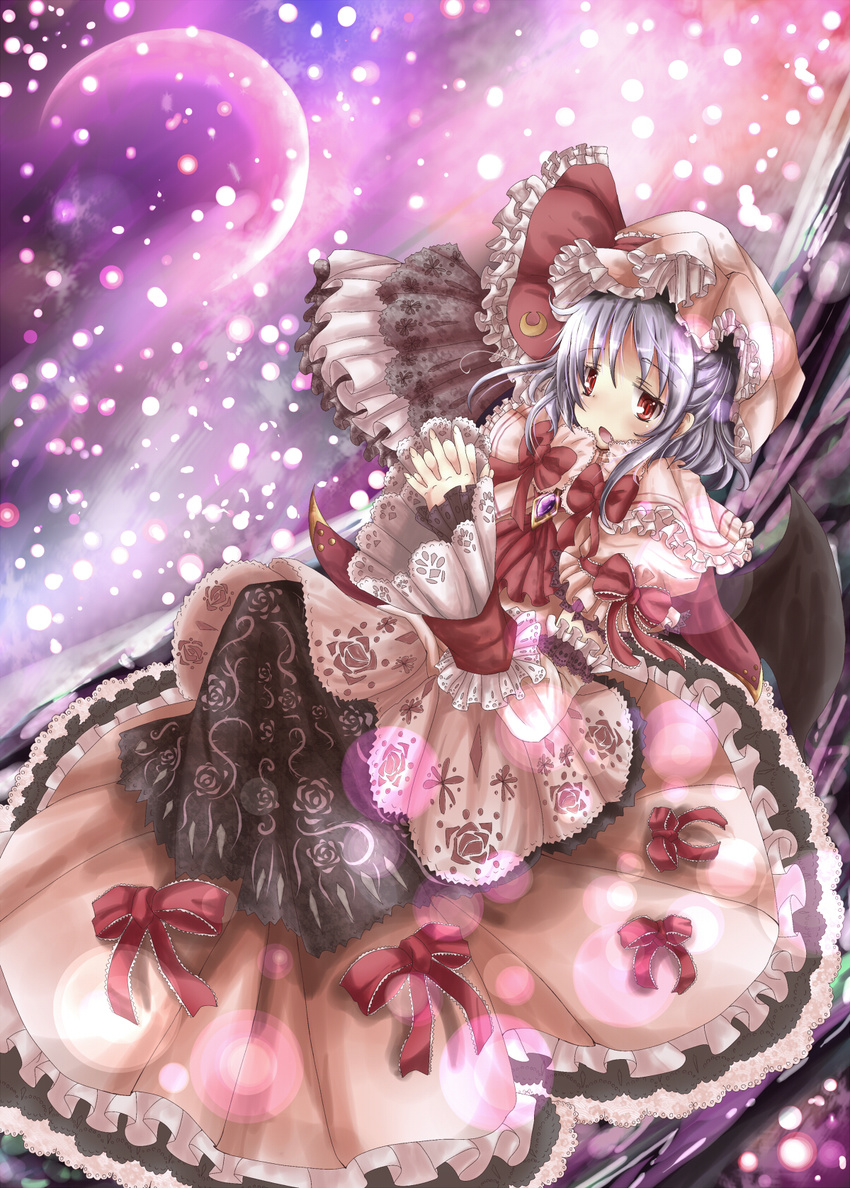 bow crescent_moon dress frills haru_ion highres lace moon remilia_scarlet solo touhou