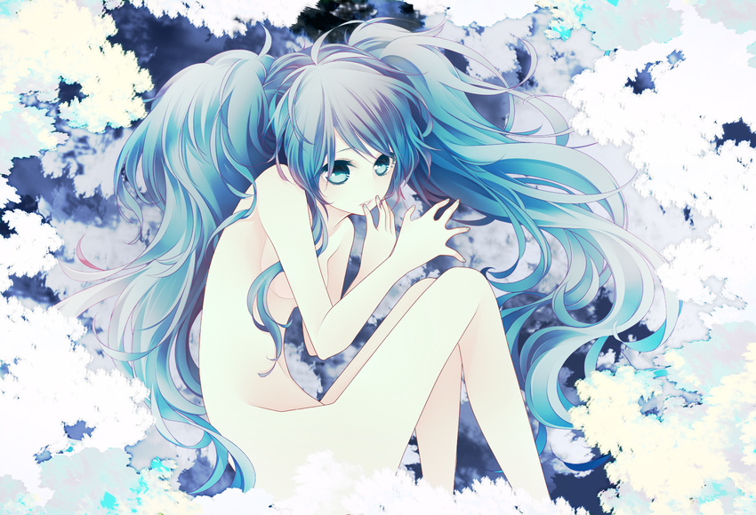 ahoge bangs blue_eyes blue_hair collarbone feet_out_of_frame fetal_position from_side hand_to_own_mouth hatsune_miku long_hair nude revision shiro_mayu solo swept_bangs twintails very_long_hair vocaloid wavy_hair
