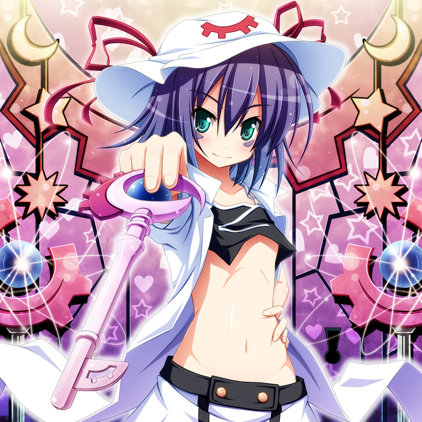 akashio_(loli_ace) belt breasts buttons colorized crescent facepaint facial_mark green_eyes groin hair_between_eyes hand_on_hip hat highres kaima key looking_at_viewer merry_nightmare midriff navel no_nose outstretched_arm pov purple_eyes purple_hair ribbon short_hair small_breasts smile solo sparkle star stomach sun_hat underboob yumekui_merry