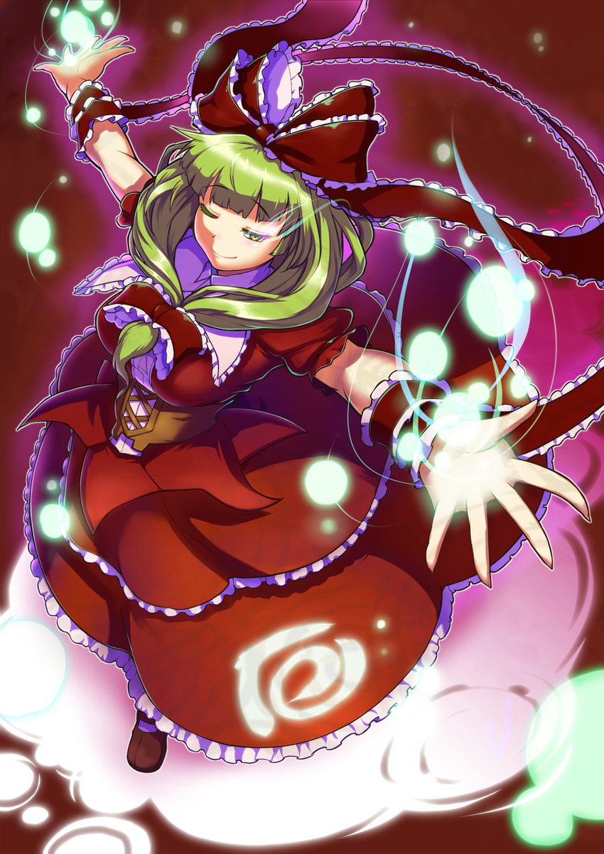 absurdres arm_ribbon bow breasts colored_eyelashes danmaku dress frills from_above front_ponytail glowing glowing_eye green_eyes green_hair hair_bow hair_ornament hair_ribbon highres kagiyama_hina large_breasts light_particles one_eye_closed outstretched_arms outstretched_hand ribbon short_hair solo spread_arms taketora_suzume touhou
