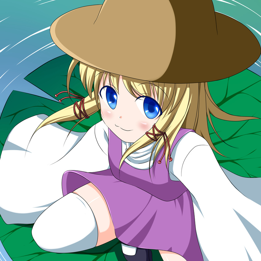 :3 absurdres blonde_hair blue_eyes blush from_above hat highres lily_pad moriya_suwako nikku_(ra) short_hair smile solo thighhighs touhou