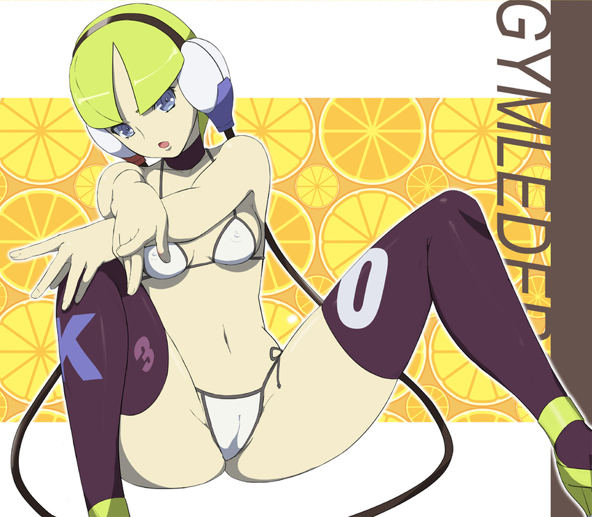 bee-j1 bikini black_thighhighs blonde_hair blue_eyes breasts cameltoe cleavage erect_nipples gym_leader headphones kamitsure_(pokemon) navel open_mouth pokemon pokemon_(game) pokemon_black_and_white short_hair sitting swimsuit thighhighs