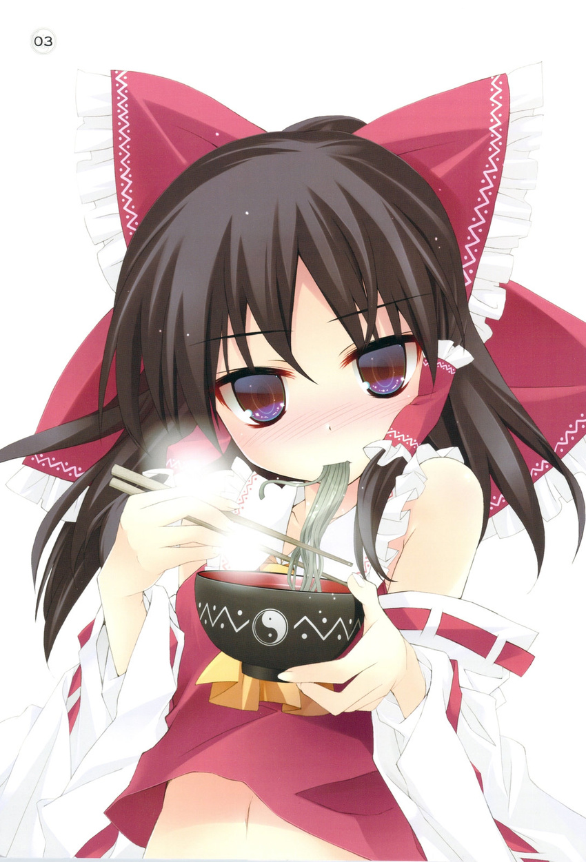 bowl chopsticks eating food hakurei_reimu highres holding holding_bowl holding_chopsticks noodles soba solo tororo touhou