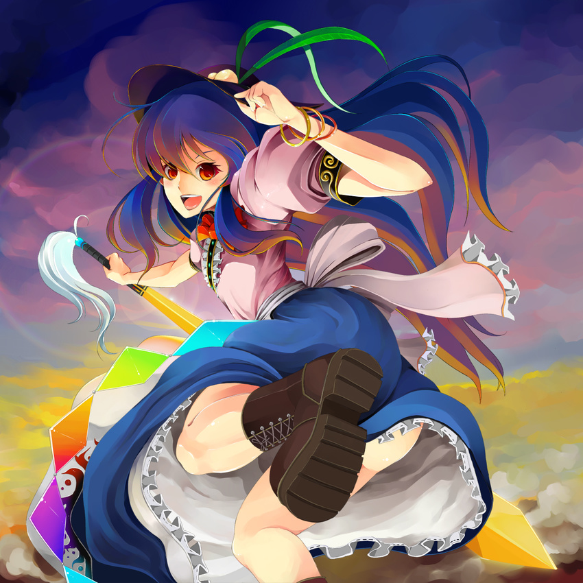:d adjusting_clothes adjusting_hat apron ass blue_hair blush boots bow bowtie bracelet cloud cross-laced_footwear dress feathers food frills from_behind fruit gradient_hair happy hat highres hinanawi_tenshi jewelry kneepits lace-up_boots leg_up long_hair looking_back mine_(wizard) multicolored_hair open_mouth orange_hair peach purple_hair red_eyes smile solo sword sword_of_hisou tassel touhou very_long_hair weapon