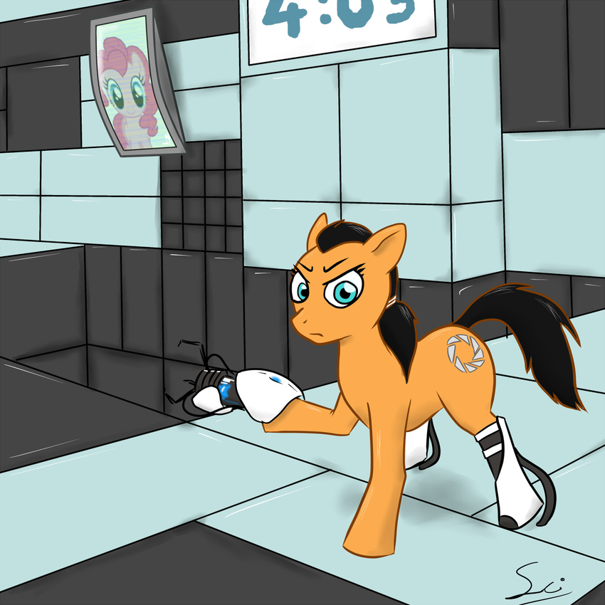 artificial_limbs blue_eyes chell crossover equine female feral friendship_is_magic hair horse mammal my_little_pony pink_hair pinkie_pie_(mlp) ponification pony portal_(series) portal_2 portal_gun sci television valve