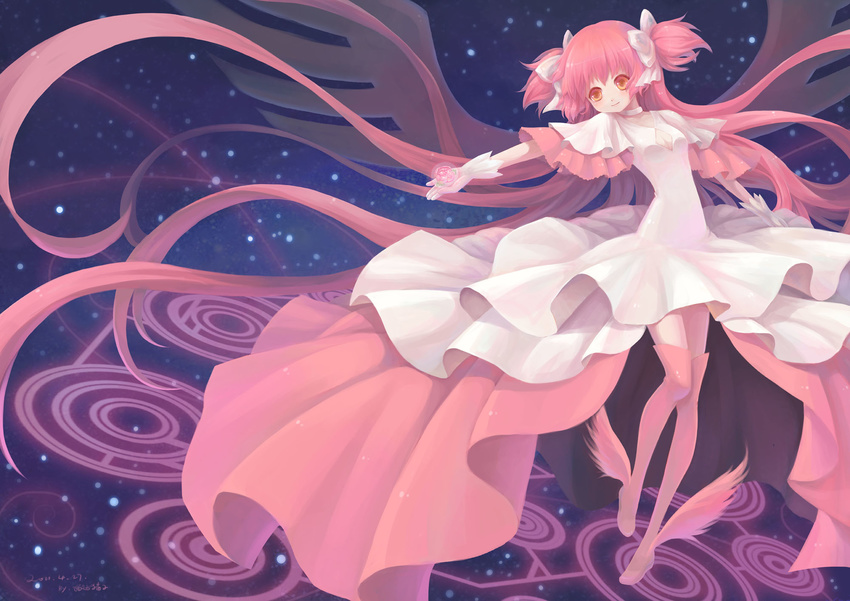 boots bow dress gloves hair_bow highres kaname_madoka long_hair magical_girl mahou_shoujo_madoka_magica pink_footwear pink_hair sanmi_tenten smile solo space spoilers thighhighs twintails ultimate_madoka very_long_hair white_gloves yellow_eyes