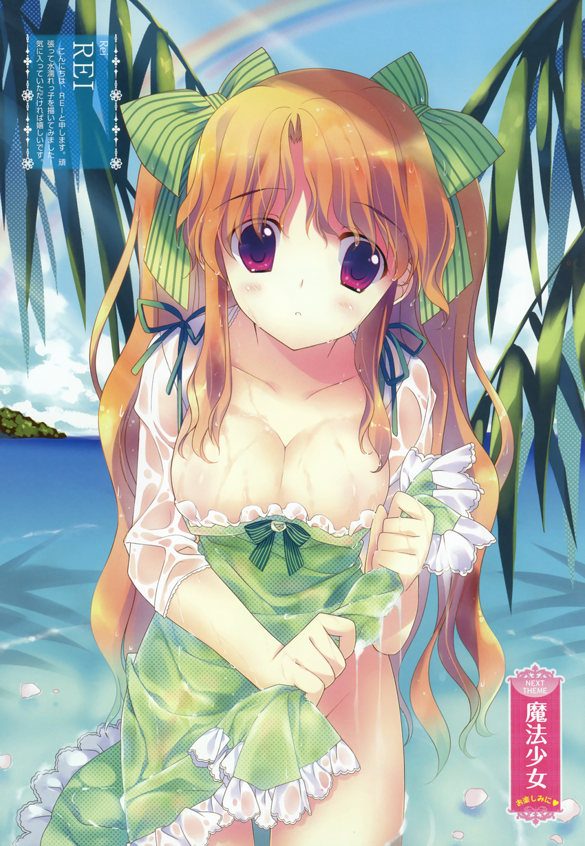 1girl absurdres artist_request blush bow breasts brown_hair cleavage collarbone dengeki_moeoh dengeki_moeou hair_bow highres large_breasts long_hair no_panties original purple_eyes rei_(rei&#39;s_room) rei_(rei's_room) solo standing twintails wading water wet wet_clothes wringing_clothes