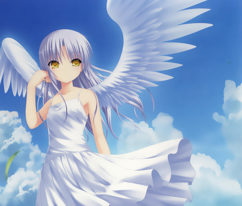angel_beats! dress highres long_hair na-ga silver_hair solo sundress tachibana_kanade tenshi_(angel_beats!) wings yellow_eyes