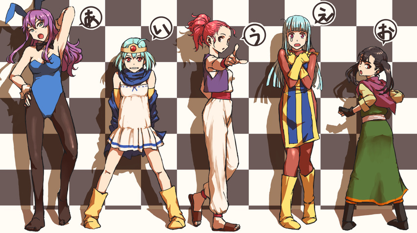 alternate_hair_color alternate_hairstyle animal_ears bad_id bad_pixiv_id black_hair blue_eyes blue_hair bodysuit boots breasts bunny_ears bunnysuit cape circlet cleavage dragon_quest dragon_quest_iii elbow_gloves fighter_(dq3) gloves jester_(dq3) long_hair medium_breasts merchant_(dq3) multiple_girls open_mouth pantyhose pink_hair pointing ponytail priest_(dq3) purple_hair red_eyes sage_(dq3) sandals shoe-ji short_hair short_twintails small_breasts sweatdrop tabard twintails vest