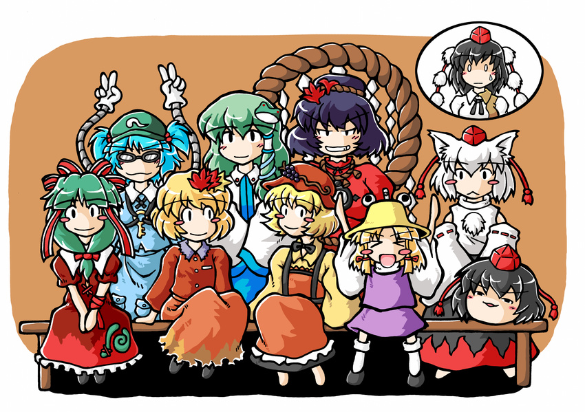 aki_minoriko aki_shizuha bench blush chibi closed_eyes everyone ginrin goggles grin group_picture highres inubashiri_momiji kagiyama_hina kawashiro_nitori kimeemaru kochiya_sanae mechanical_arm moriya_suwako mountain_of_faith multiple_girls not_present shameimaru_aya sitting smile teeth touhou v yasaka_kanako yukkuri_shiteitte_ne