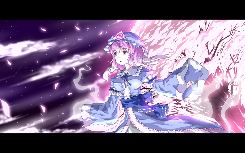 bad_id bad_pixiv_id cherry_blossoms ghost hat hitodama japanese_clothes letterboxed minust petals pink_eyes pink_hair saigyouji_yuyuko solo touhou tree