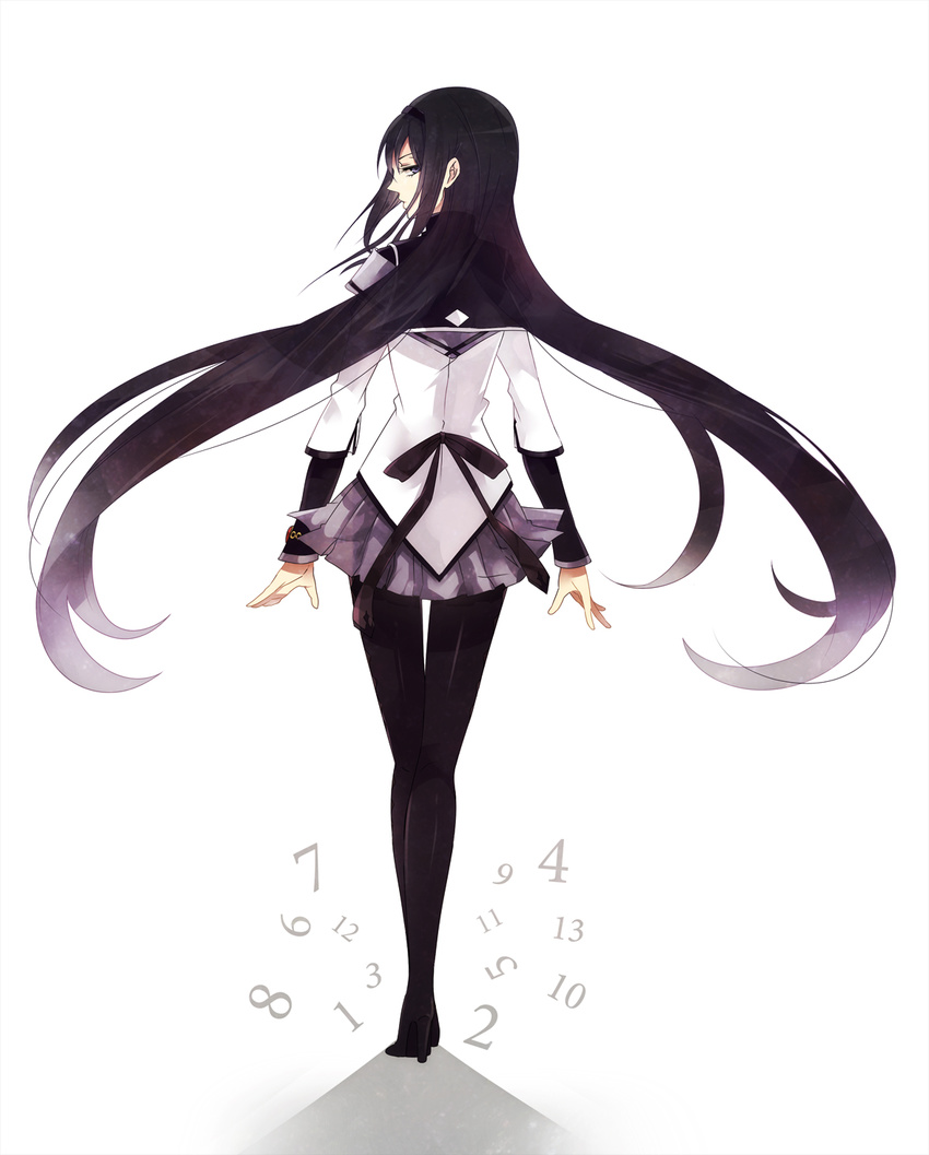 akemi_homura back-seamed_legwear bad_id bad_pixiv_id black_eyes black_hair crossed_legs from_behind full_body high_heels highres legs long_hair looking_back mahou_shoujo_madoka_magica niiko number outstretched_hand pantyhose profile seamed_legwear shoes simple_background solo standing very_long_hair