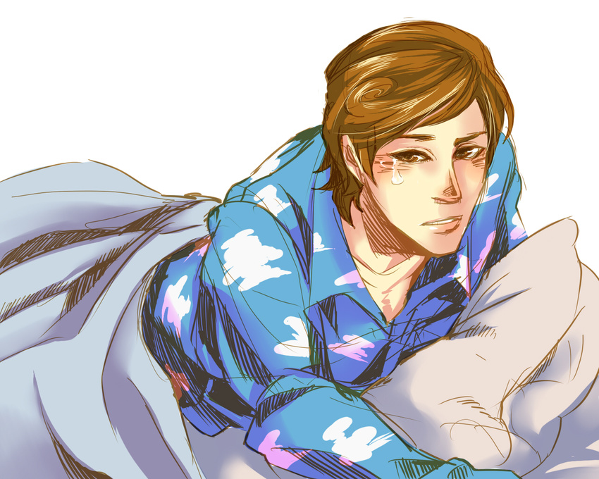 andy bed brown_hair disney male male_focus pajamas pillow pixiv sheriff_woody sleepy solo tears toy_story white_background